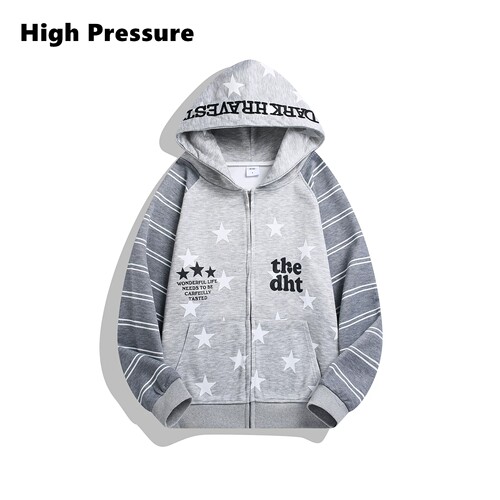 High Pressure美式星星印花拼接条纹袖卫衣街头开衫男女连帽上衣