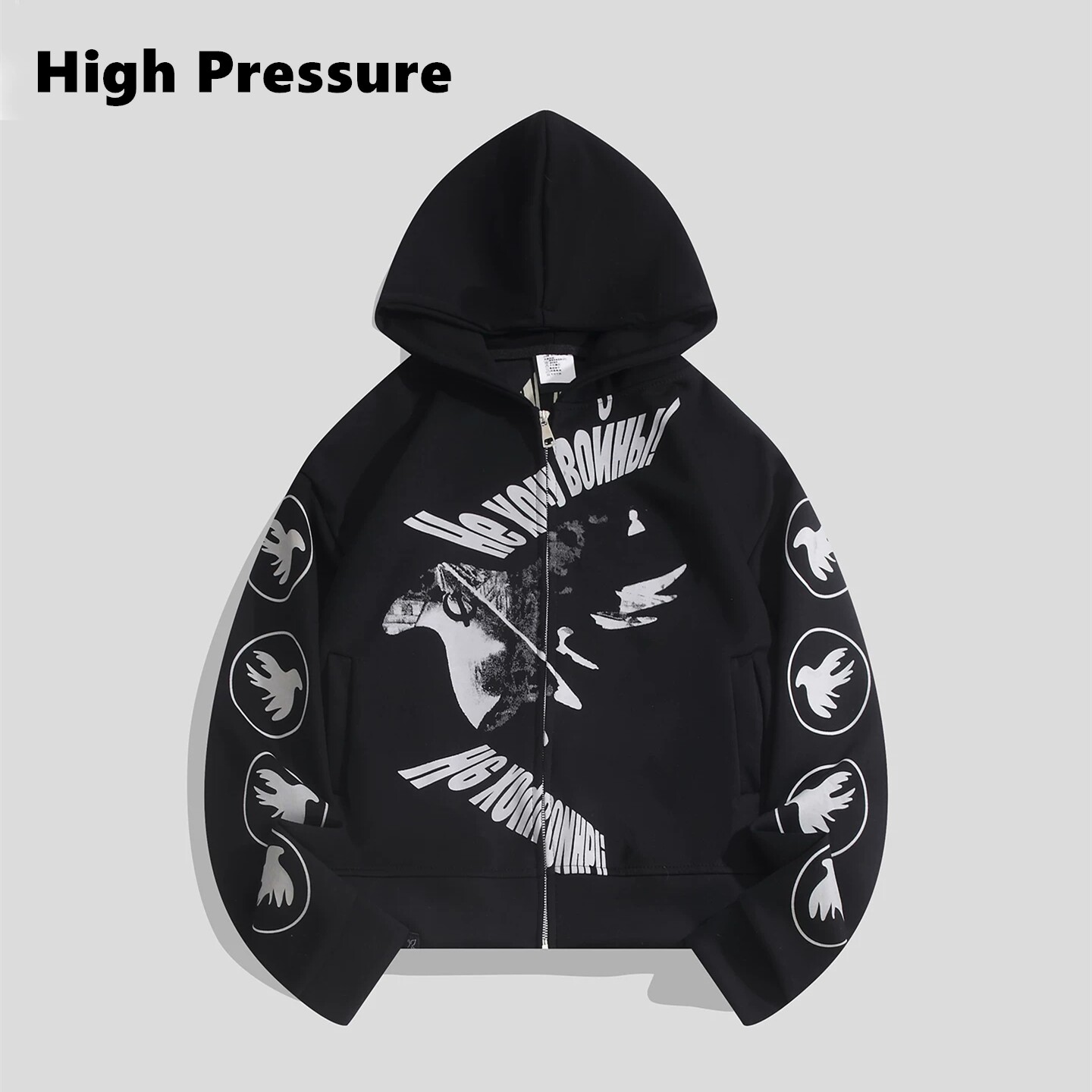 High Pressure美式街头白色连帽卫衣秋和平鸽印花开衫外套上衣