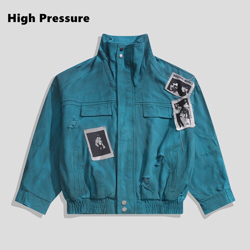 High Pressure美式复古街头脏染印花贴布工装立领夹克男宽松外套