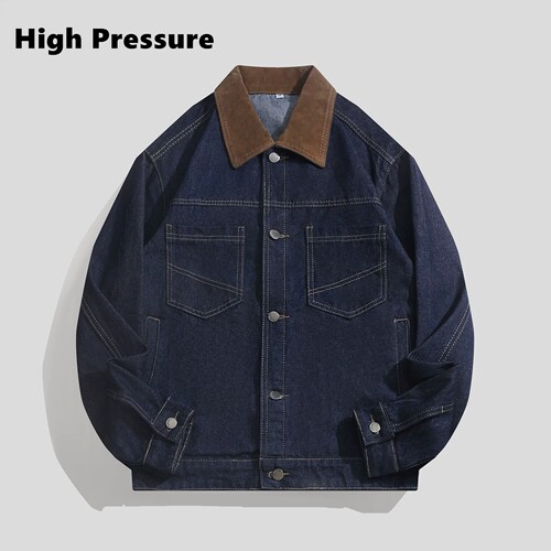 High Pressure美式工装风撞色翻领牛仔外套男女宽松百搭夹克外套