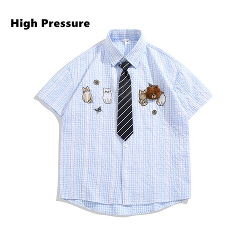High Pressure可爱小猫咪刺绣条纹短袖衬衫夏宽松学院风情侣上衣