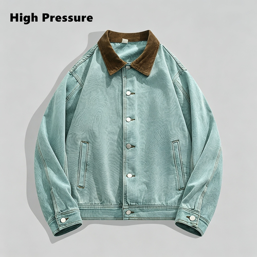 High Pressure绿色工装夹克撞色翻领巴恩风外套水洗复古牛仔外套