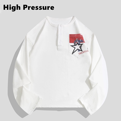 High Pressure星星印花半纽扣亨利领长袖t恤慵懒风宽松上衣