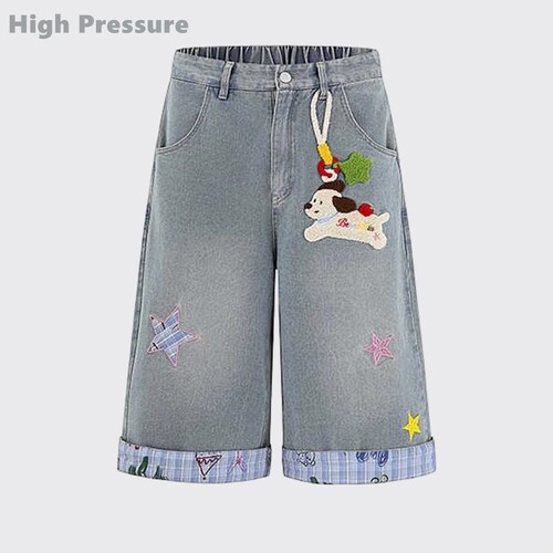 High Pressure夏季趣味腊肠狗贴布绣牛仔七分裤男潮复古直筒中裤