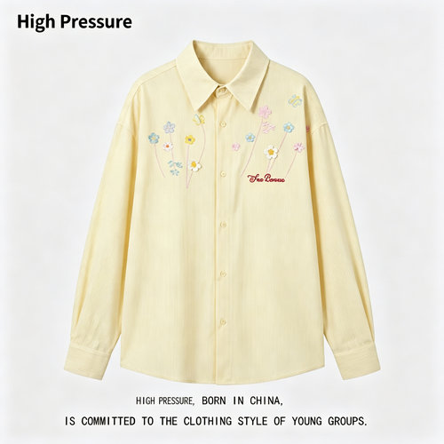 High Pressure少年感蓝色立体花朵刺绣衬衫男女春多巴胺长袖衬衣