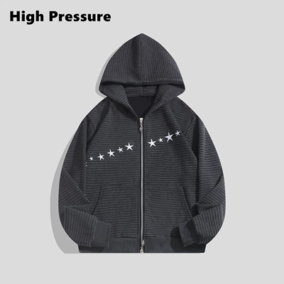 High Pressure美式复古流星条纹连帽男女设计感拉链卫衣外套