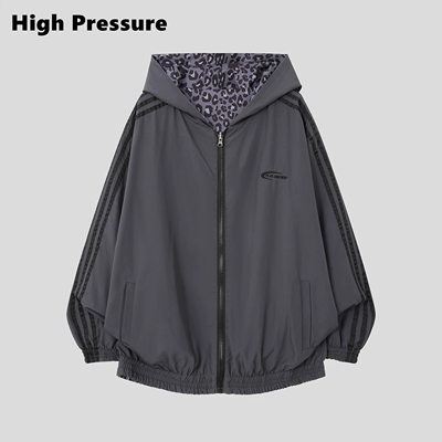 High Pressure双面穿美式复古豹纹夹克男女宽松连帽休闲外套上衣