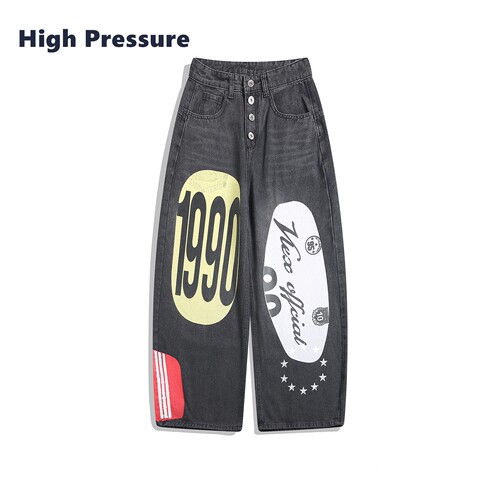 High Pressure美式嘻哈涂鸦设计赛车裤宽松阔腿弯刀香蕉牛仔长裤