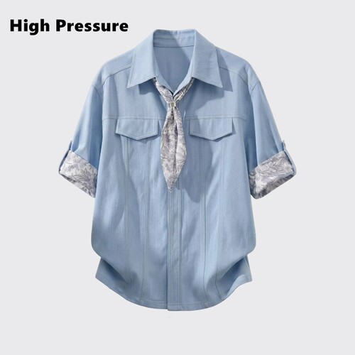 High Pressure复古可拆卸腰果花丝巾翻领衬衫男夏季休闲翻领衬衣