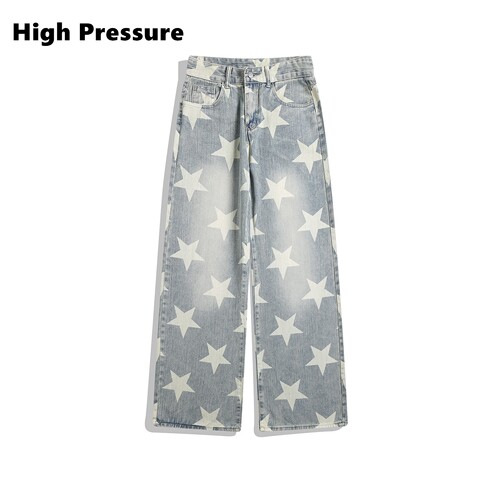 High Pressure美式复古星星涂鸦印花直筒牛仔裤男女宽松阔腿裤