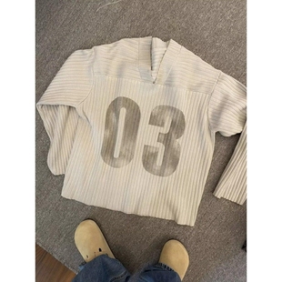 男女橄榄球衣长袖 复古数字母印花V领针织衫 上衣 Pressure美式 High