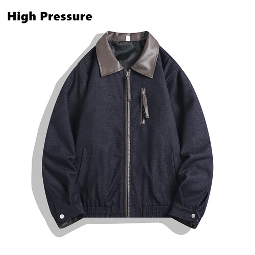 High Pressure复古拼接巴恩风工装牛仔外套男女拉链休闲翻领夹克