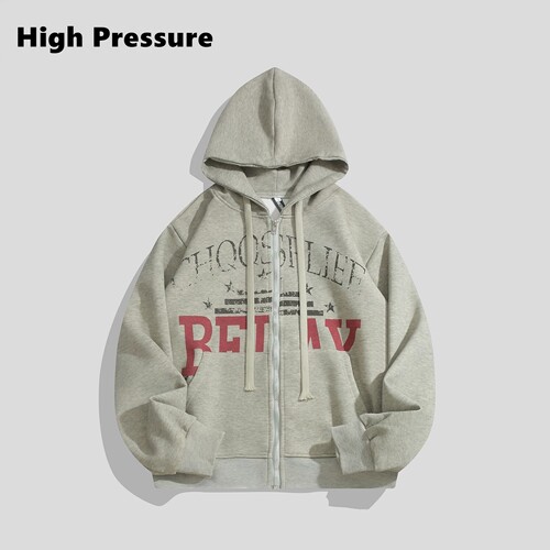 High Pressure美式复古做旧字母印花连帽卫衣cleanfit男女外套