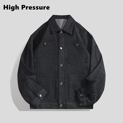 High Pressure春秋美式复古cleanfit牛仔外套男女宽松翻领夹克