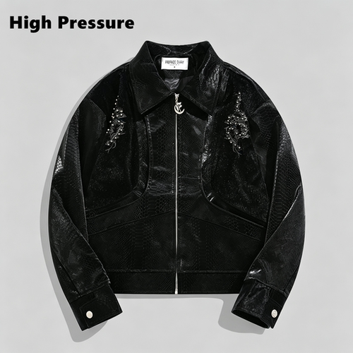 High Pressure美式暗黑风蛇脊骨铆钉刺绣PU皮夹克机车风翻领外套