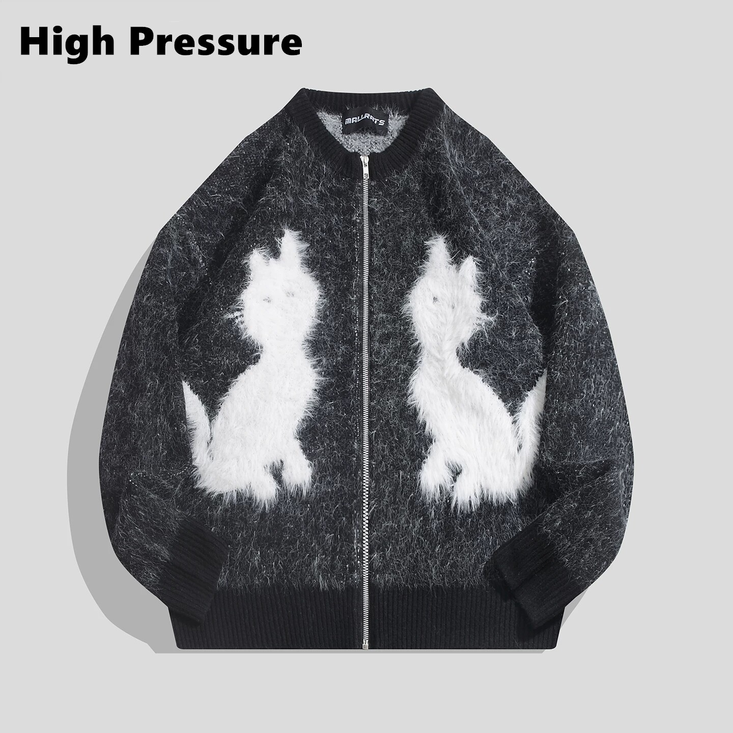 High Pressure美式复古小猫提花毛衣秋季慵懒风撞色氛围感开衫