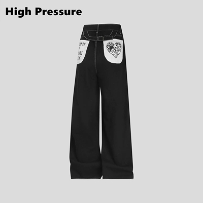 High Pressure复古印花口袋质感牛仔裤直筒宽松chill长裤vintage