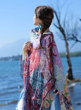 沙滩丝巾防晒大披肩流苏吊坠民族风夏季盘扣防晒围巾女旅游拍照薄