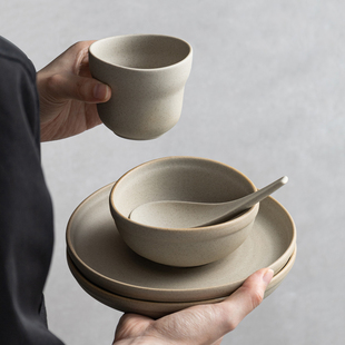 复古摆台餐具陶瓷粗陶台面三件套山野风碗盘勺杯碟子酒店餐具专用