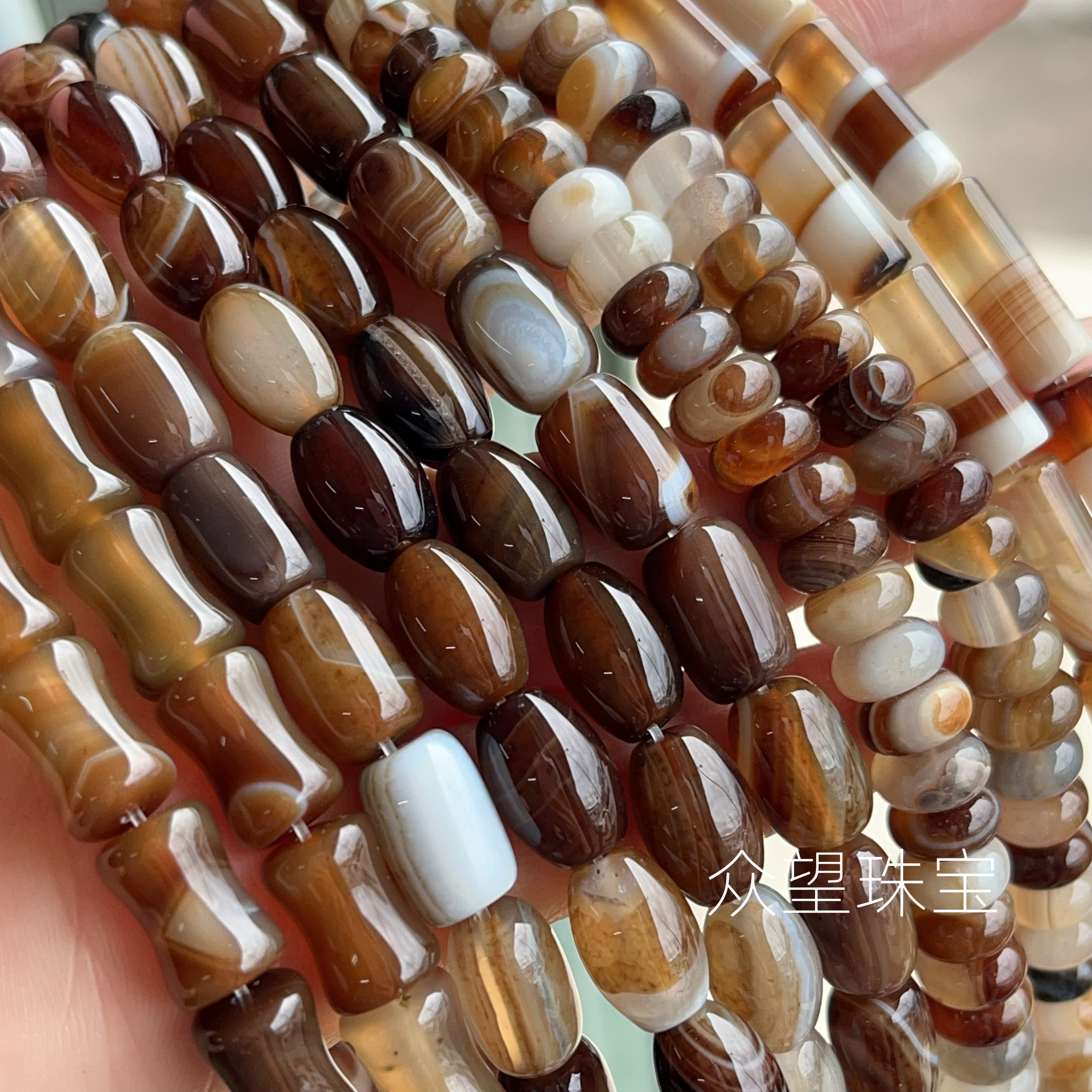咖啡色缠丝条纹玛瑙桶珠 线条玛瑙米珠 圆棍 竹节管珠DIY配饰