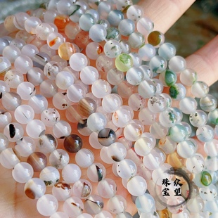 天然红草花玛瑙圆珠散珠 海洋玉髓玛瑙条珠散珠佛珠条珠琏饰