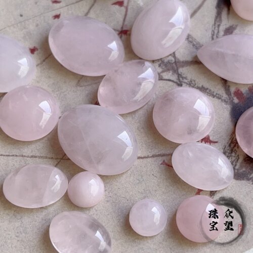 天然粉晶圆形旦形 平底无孔椭圆形戒面镶嵌贴片DIY发簪吊坠饰品