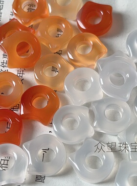 14mm天然白玛瑙猫咪圈跑环  俏色猫头糖色无孔猫耳朵平安扣吊坠