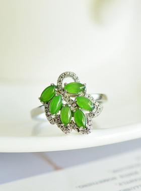 S925银镀18K金镶嵌天然新疆和田玉金枝玉叶戒指高档时尚指环玉石