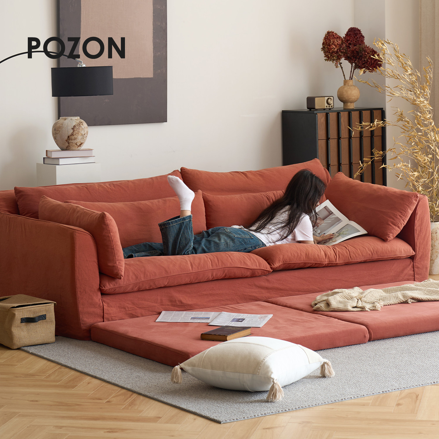 POZON朴琢/国风朱红风信子天然亚麻沙发侘寂风布艺棉麻可拆洗奶油