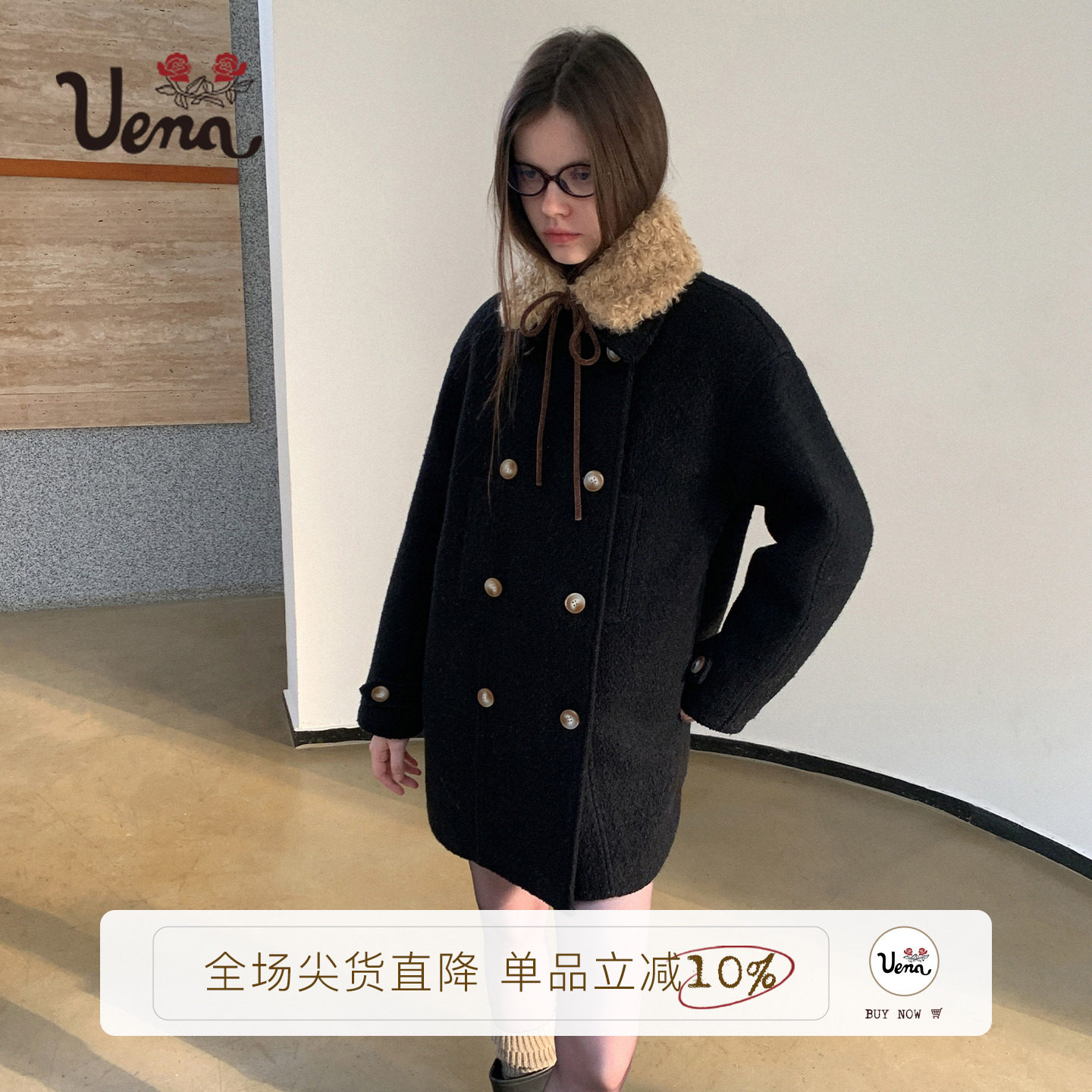 Uena黑色中长款羊毛呢棉服外套图片