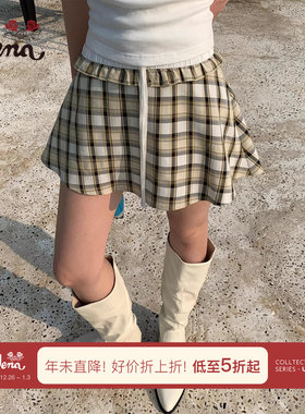 【逆时摘星】Uena美式复古黄色格纹荷叶边松紧腰头短款A字半身裙