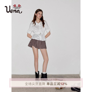 衬衫 Uena白色双层翻领腰部可调节绑带打褶收腰长袖 女 雾色漫游