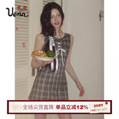 连衣裙女 胸前抽绳绑带娃娃圆领收腰无袖 折枝春茶 Uena明星同款