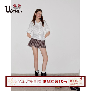 【雾色漫游】Uena白色双层翻领腰部可调节绑带打褶收腰长袖衬衫女