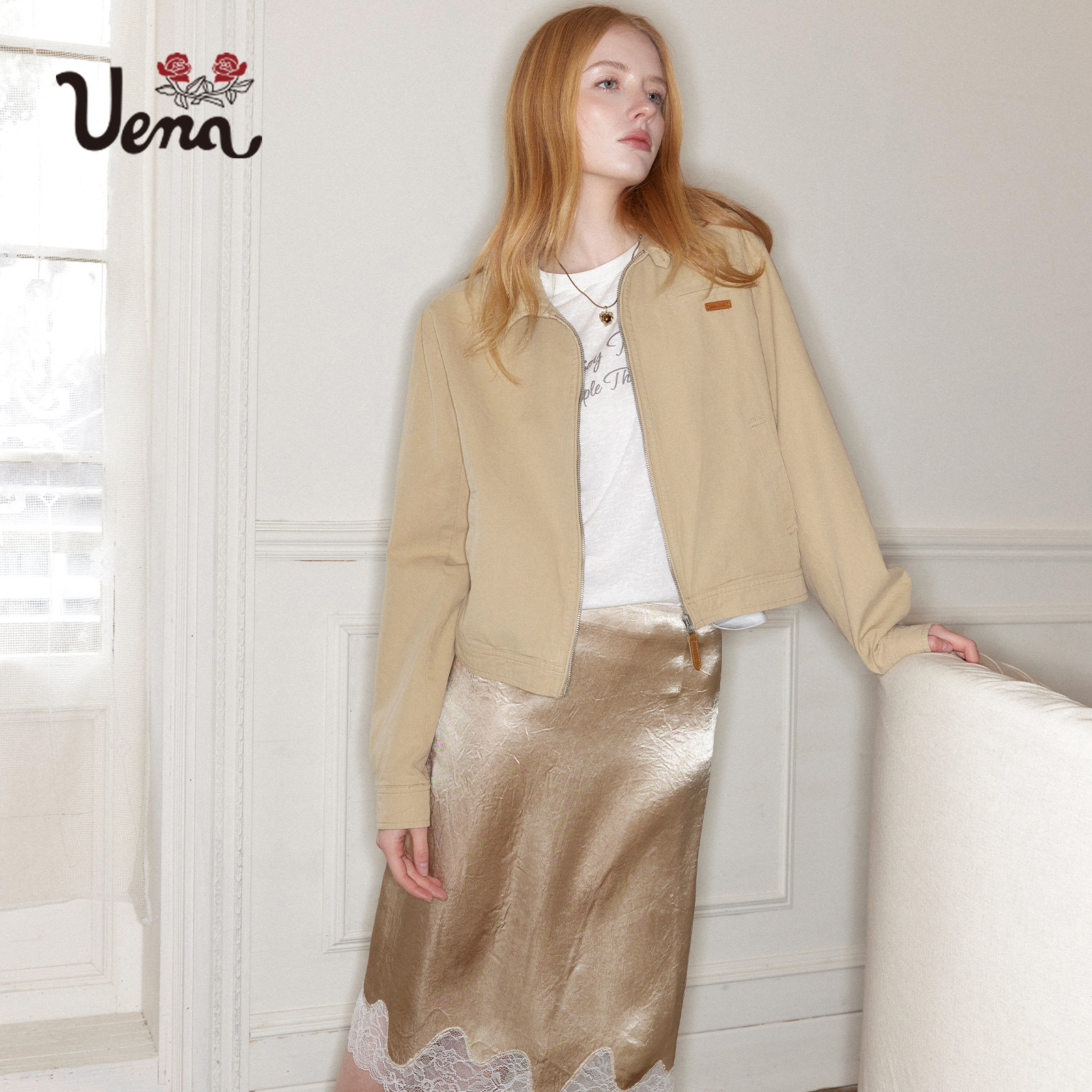 【荒漠银芽】Uena美式复古卡其色皮质标翻领工装风短款夹克外套女