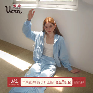 复古蓝色蝴蝶结绣花丝绒连帽卫衣休闲裤 Uena美式 套装 蝴蝶札记