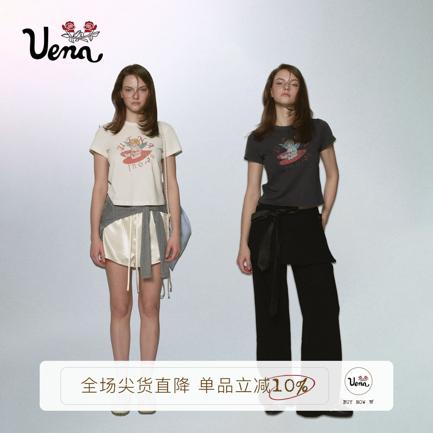【丘比特乐园】Uena首尔特别款做旧字母印花修身显瘦圆领短袖T恤图片