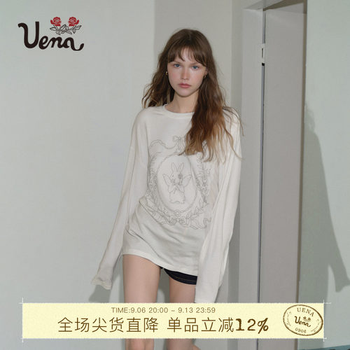Uena白色天使兔印花落肩长袖T恤
