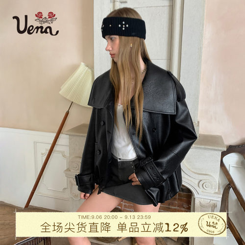 Uena黑色双排扣花苞PU皮衣外套