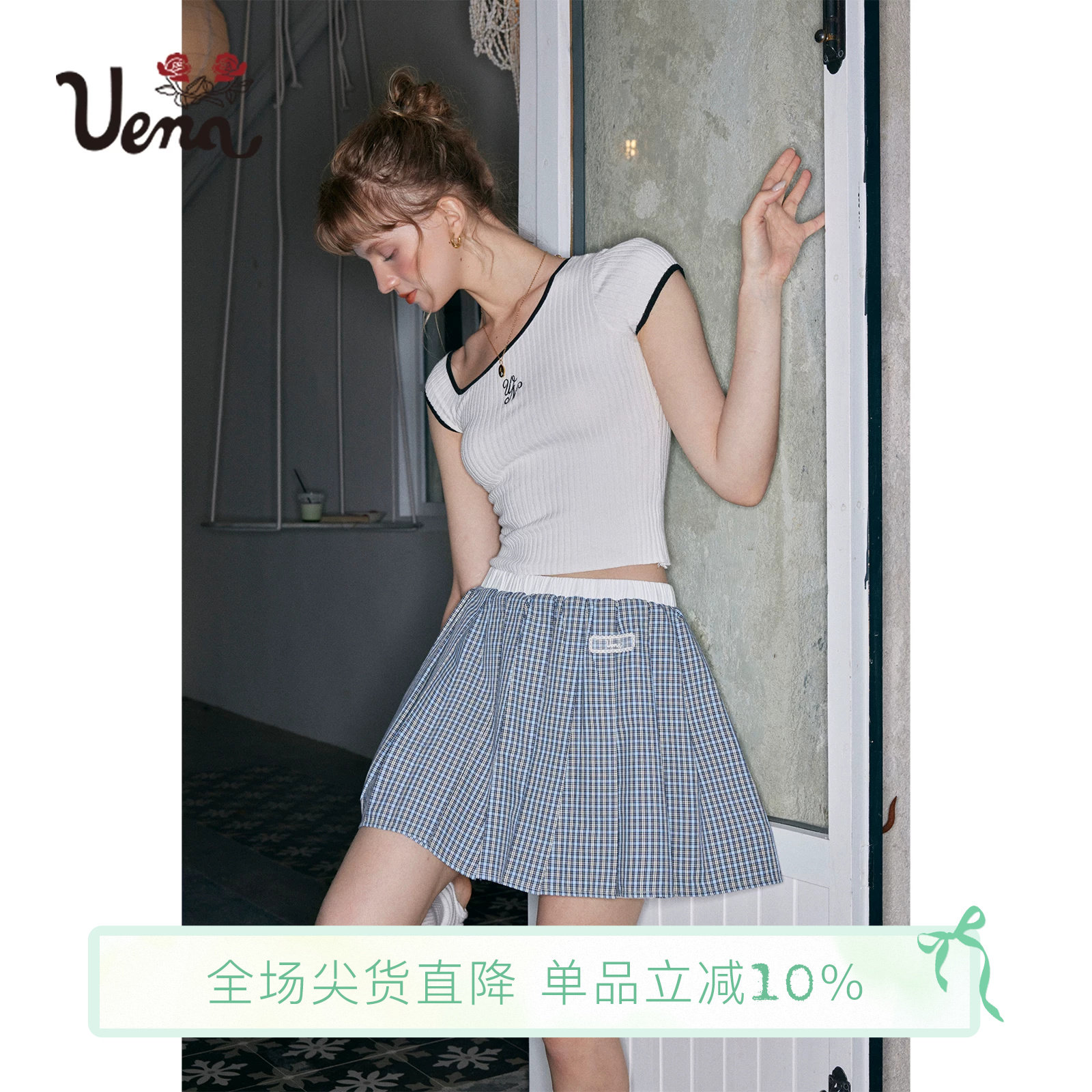 【织梦者】Uena美式复古学院风蓝色格纹蕾丝布标A字蓬蓬半身裙女