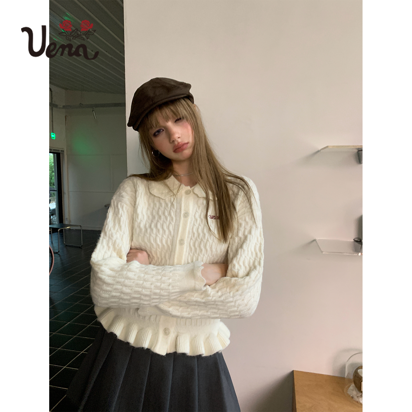 Uena拼接荷叶花边毛针织开衫