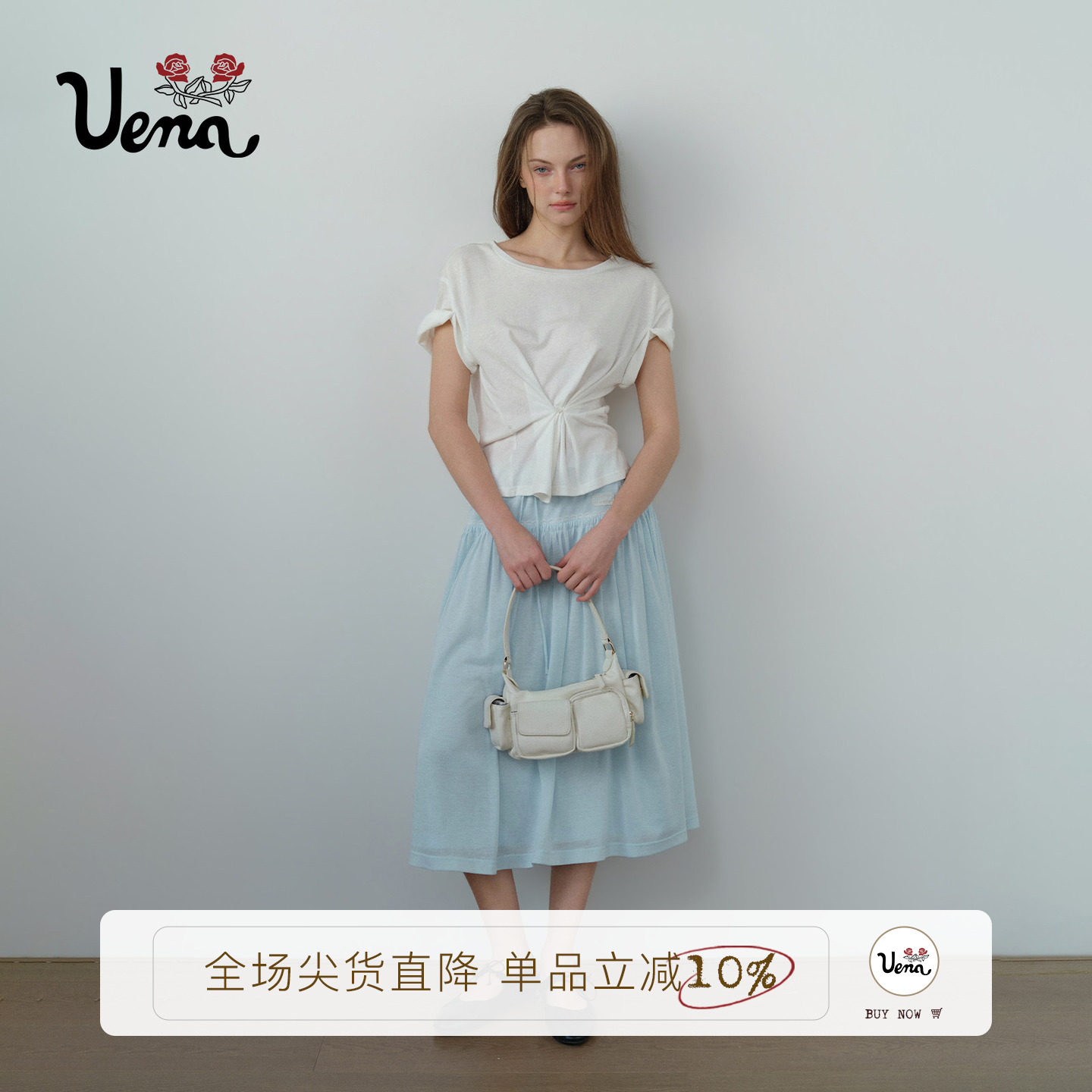 【闲风白鹤】Uena白色莱赛尔一衣多穿系扣收腰圆领卷边短袖T恤女