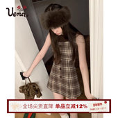A字羊毛呢连衣裙 复古棕色格纹娃娃圆领短款 雾中雪凇 Uena美式