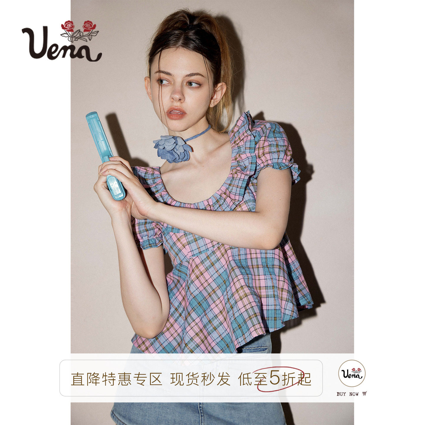 巧莓威化UENA泡泡袖格纹小衫图片