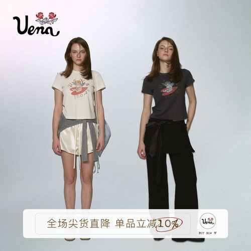 【丘比特乐园】Uena首尔特别款做旧字母印花修身显瘦圆领短袖T恤