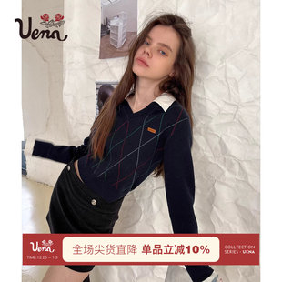 Uena藏青色菱形格纹假两件翻领羊毛混纺v领毛针织衫 暮色灵冬