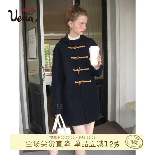 Uena藏蓝色连帽夹棉毛呢外套