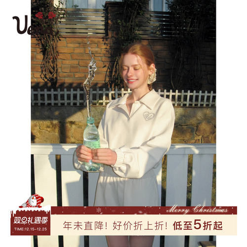 Uena落肩袖卫衣花边休闲短裤套装