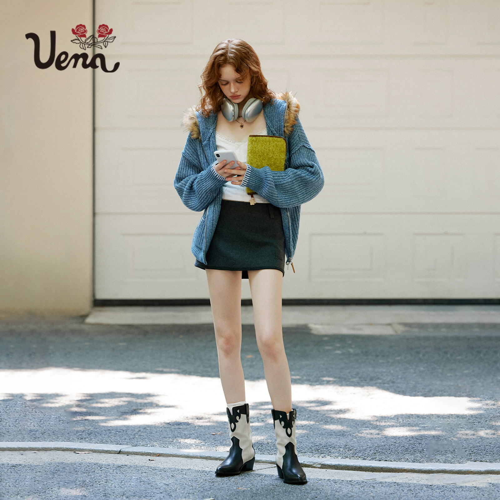 Uena深灰色毛呢半身裙