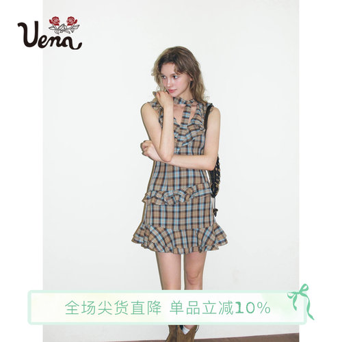 Uena格纹双层荷叶花边领连衣裙